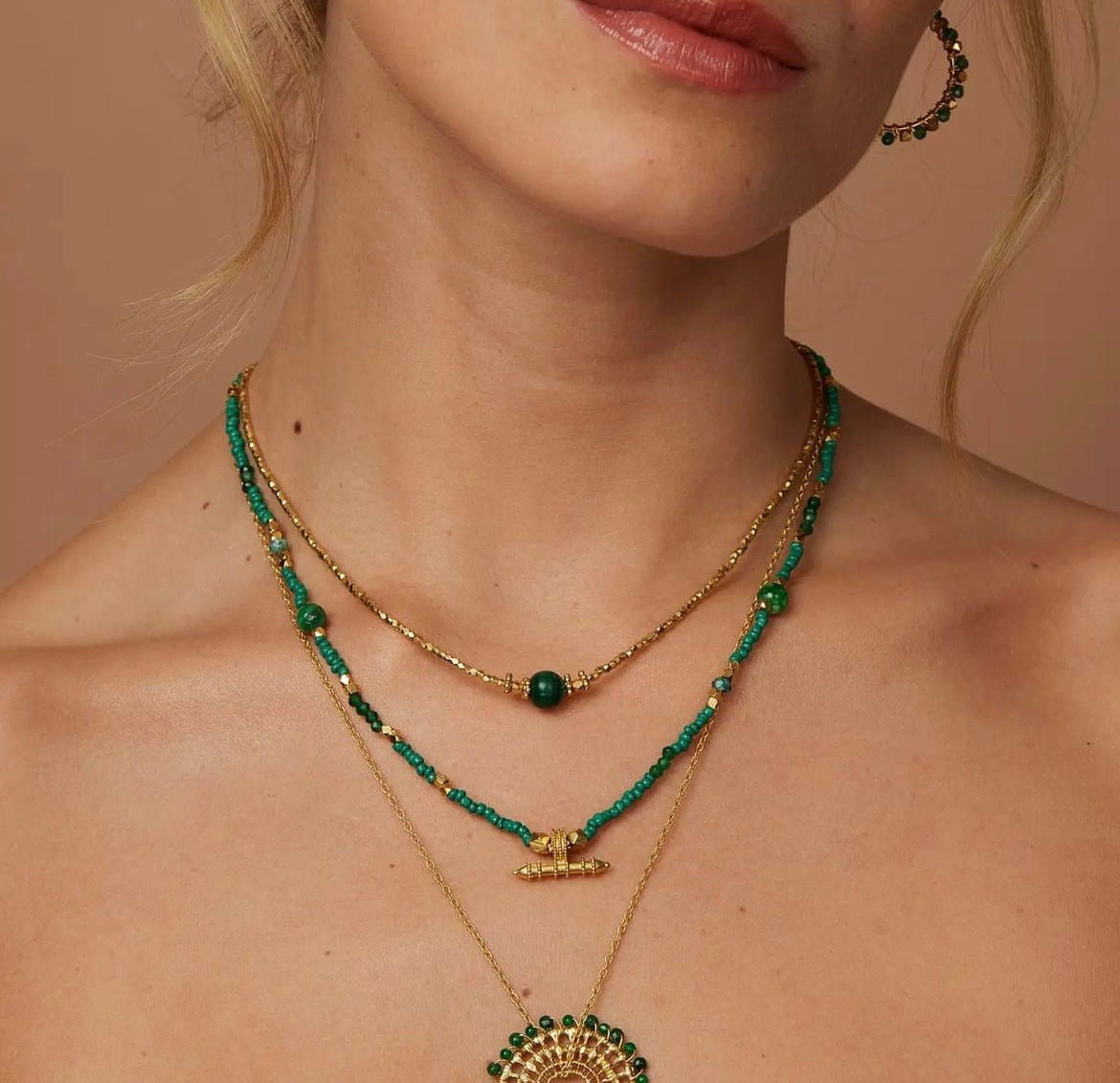 Gold Choker with Green Gemstone Bead